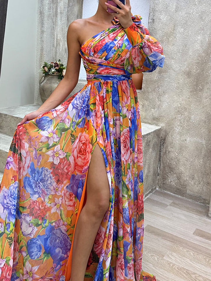 Celeste | Floral One Sleeve Off Shoulder Dress