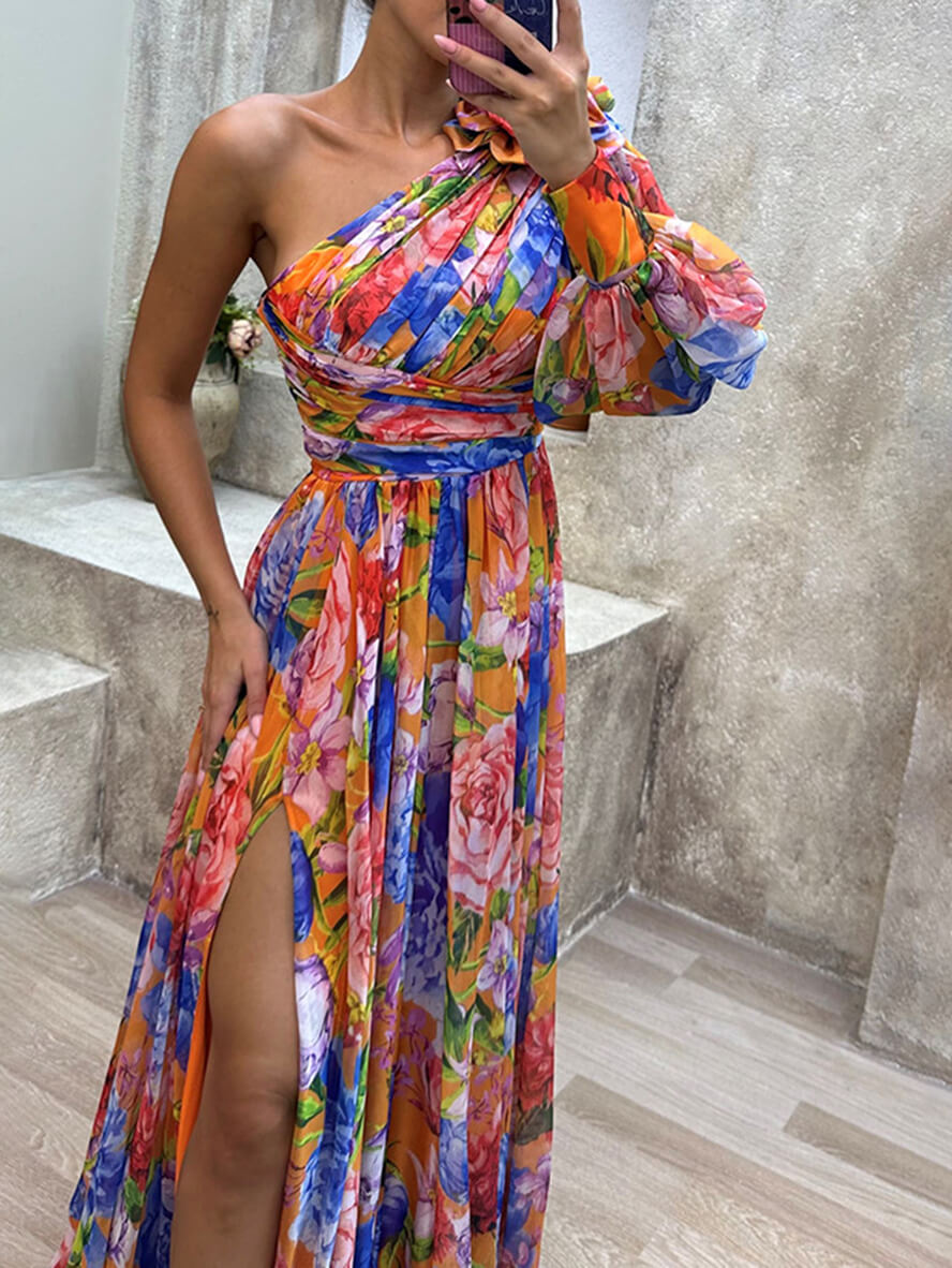 Celeste | Floral One Sleeve Off Shoulder Dress