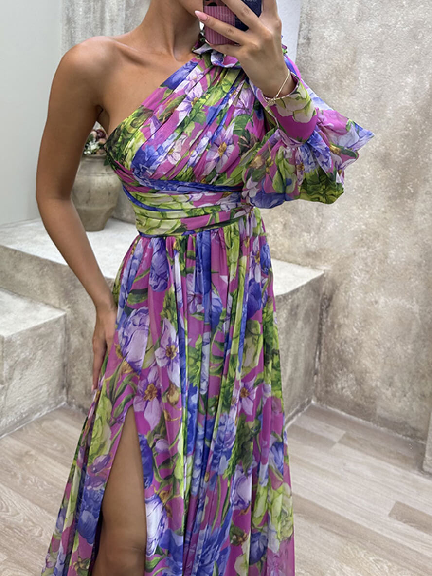 Celeste | Floral One Sleeve Off Shoulder Dress