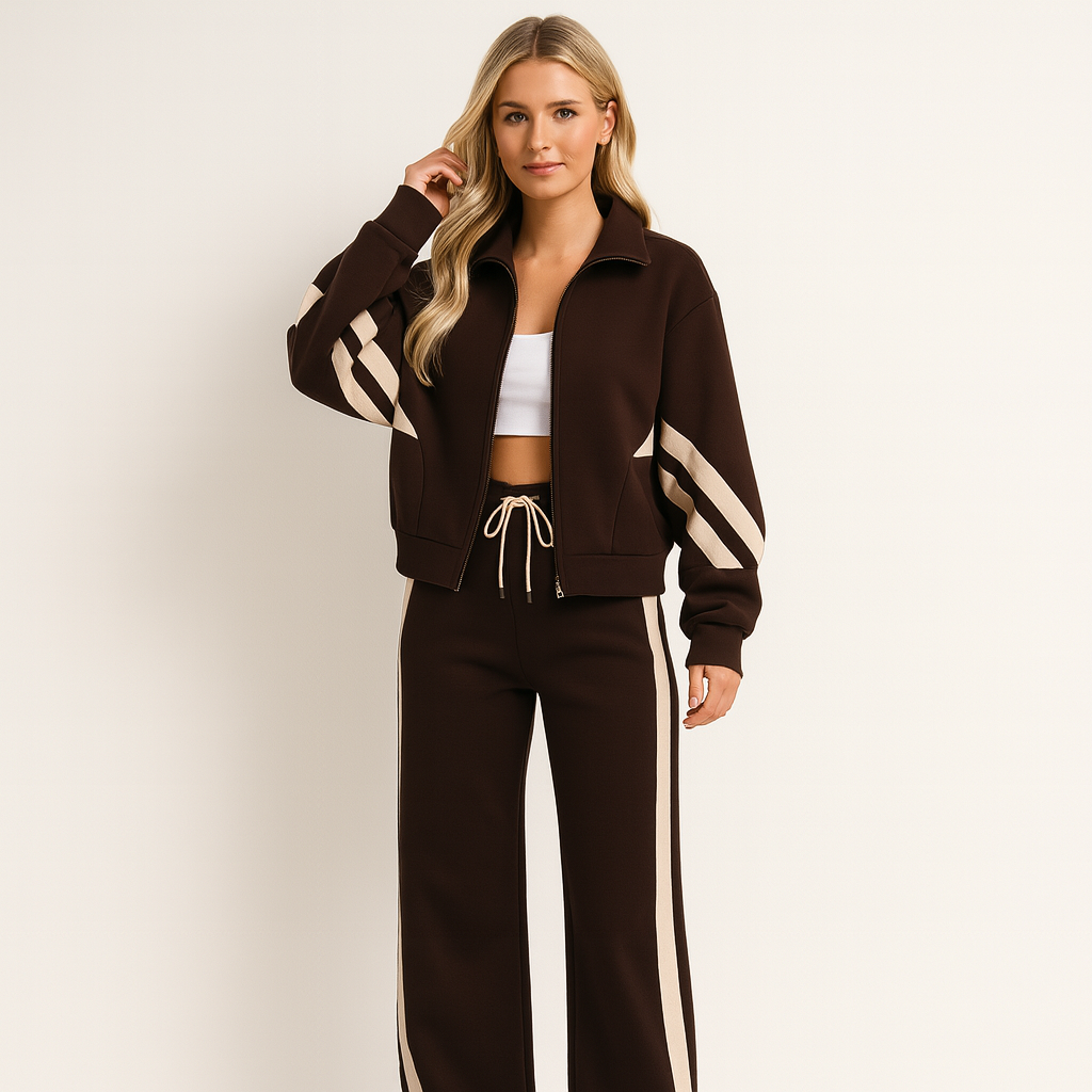 Odile | Women's Zip-Up Tracksuit – Stripe Accent Co-Ord Set