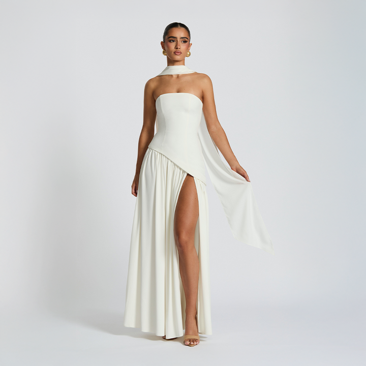 Odessa | Women's Strapless Maxi Dress with High Slit Detail