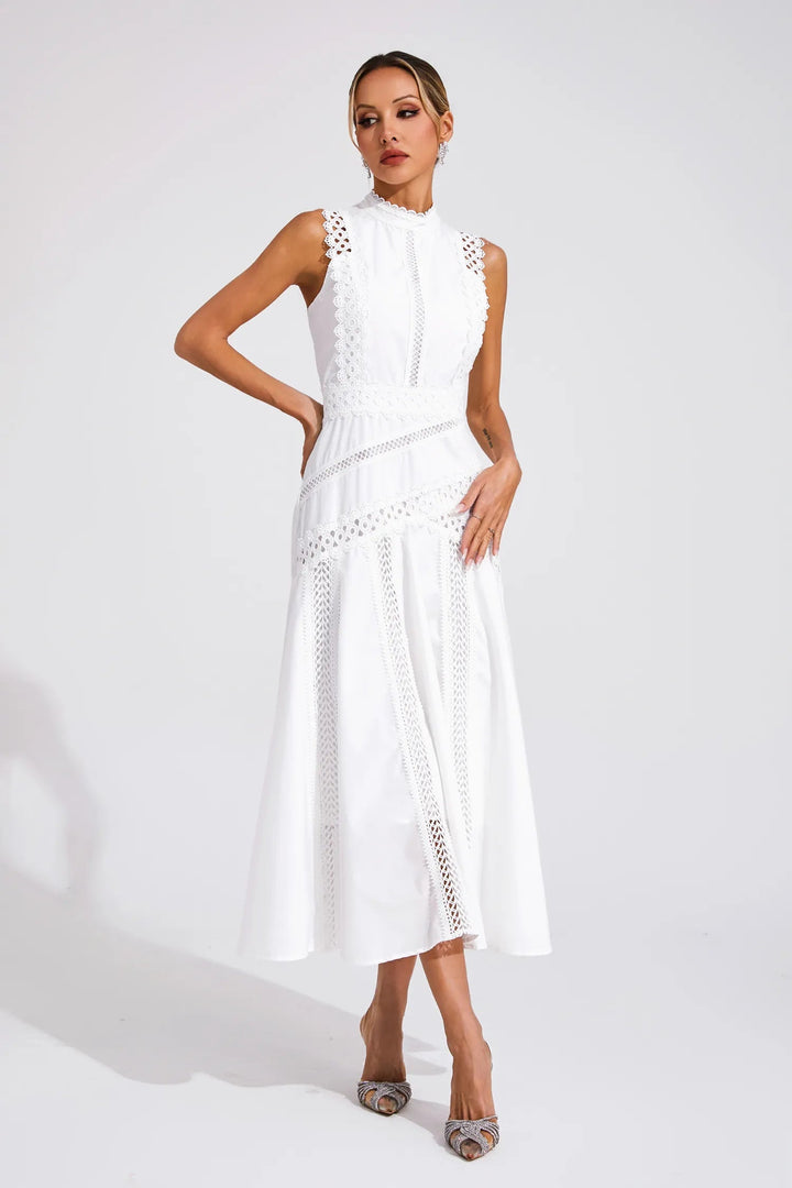 Constance | Women's High Neck Lace Trim Summer Dress with Cutwork