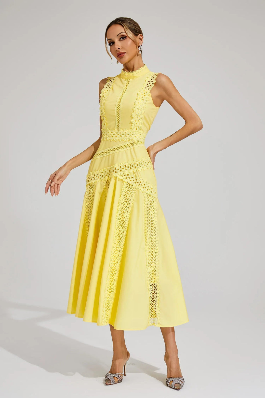 Constance | Women's High Neck Lace Trim Summer Dress with Cutwork