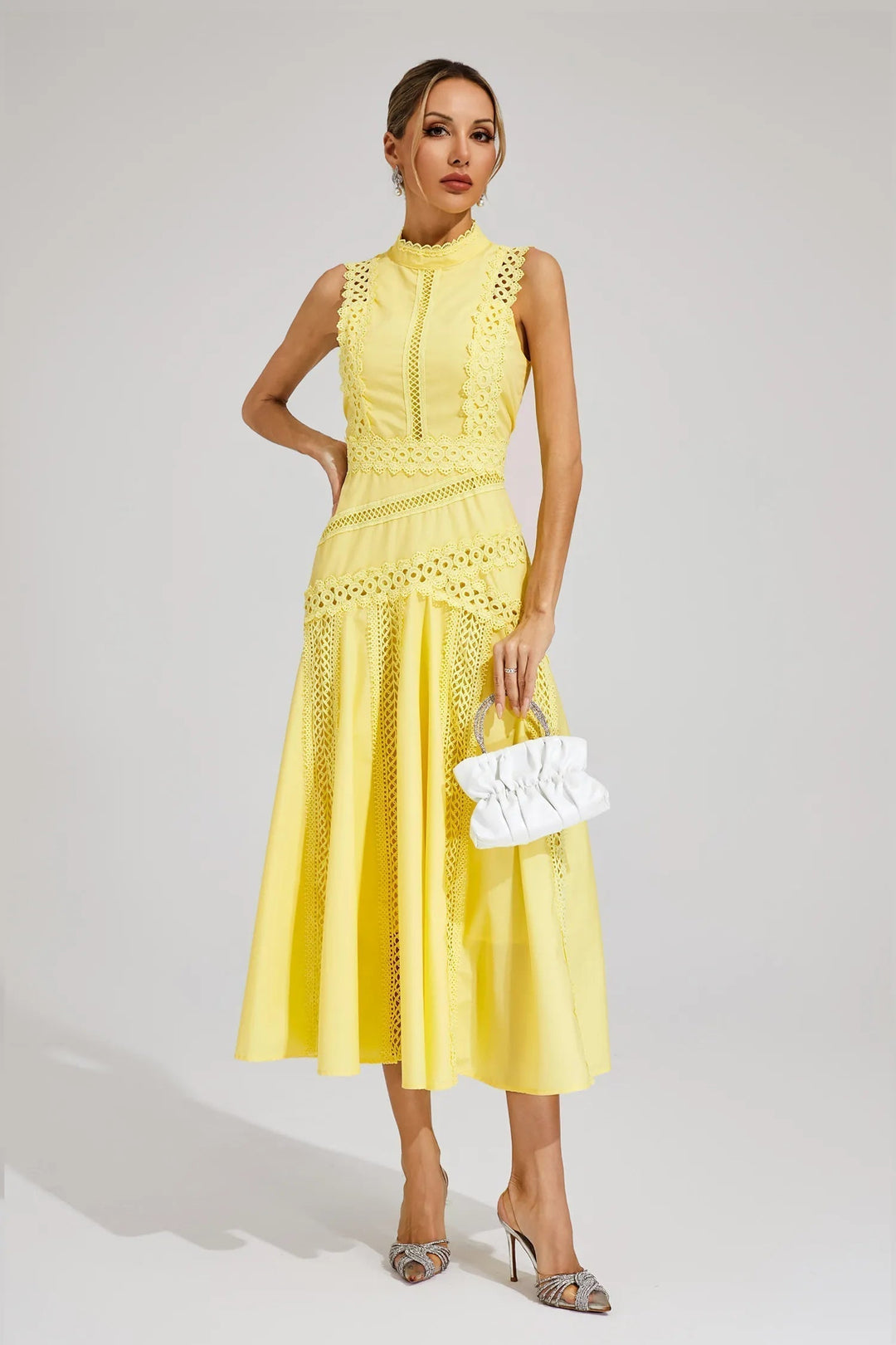 Constance | Women's High Neck Lace Trim Summer Dress with Cutwork