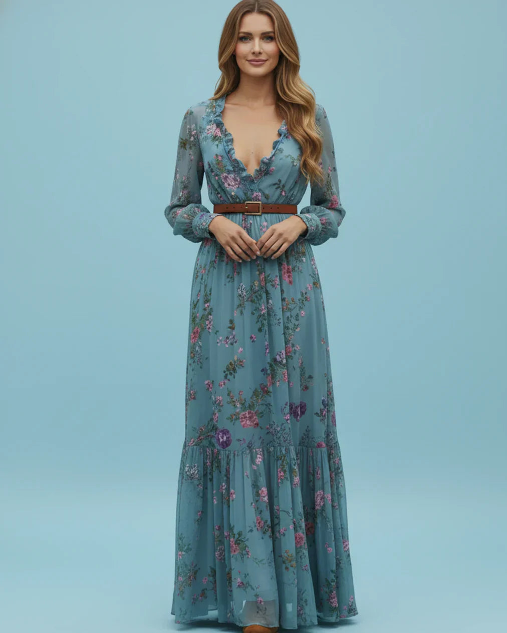 Wilhelmina | Floral Embroidered Shirt Collar Boho Dress with Tie Belt