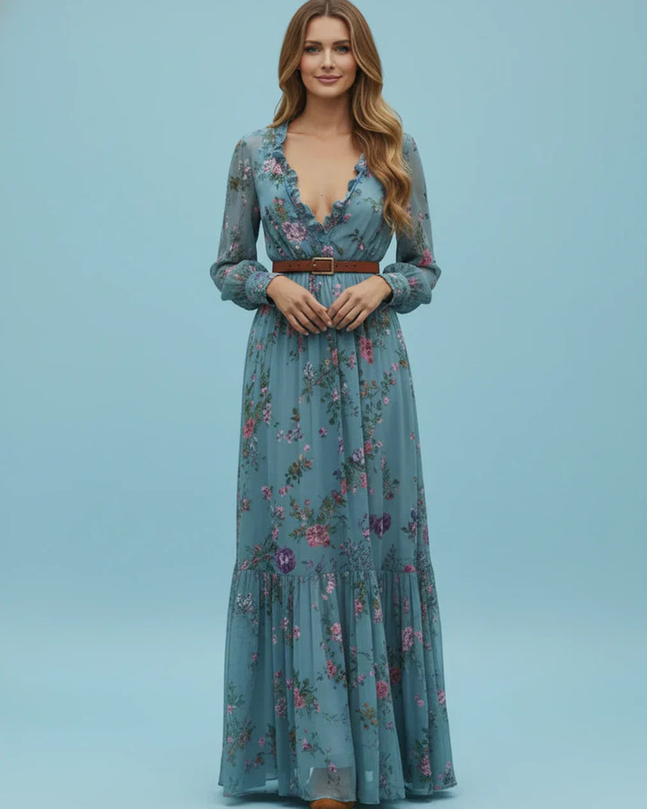 Wilhelmina | Floral Embroidered Shirt Collar Boho Dress with Tie Belt