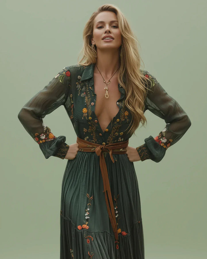 Wilhelmina | Floral Embroidered Shirt Collar Boho Dress with Tie Belt