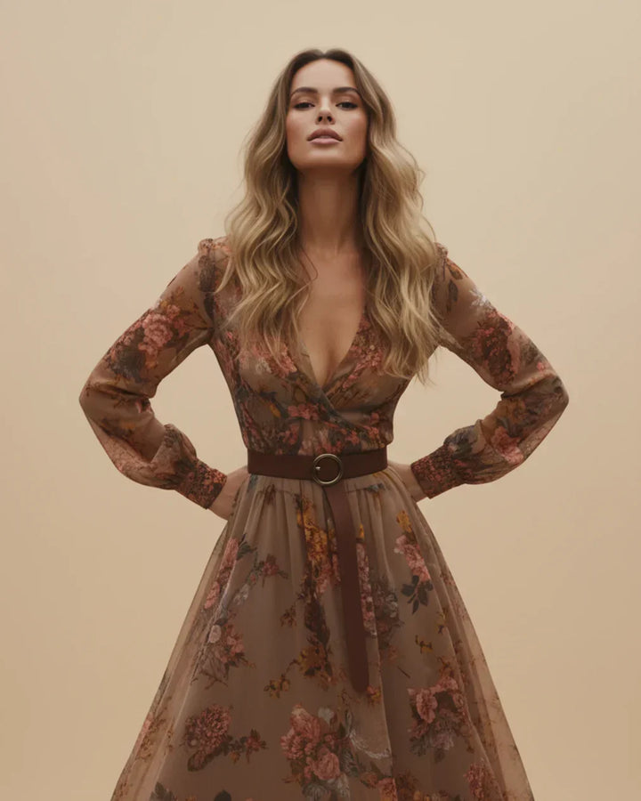 Wilhelmina | Floral Embroidered Shirt Collar Boho Dress with Tie Belt