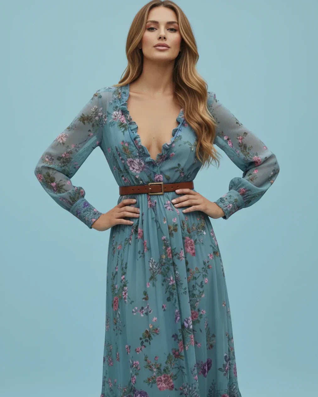 Wilhelmina | Floral Embroidered Shirt Collar Boho Dress with Tie Belt