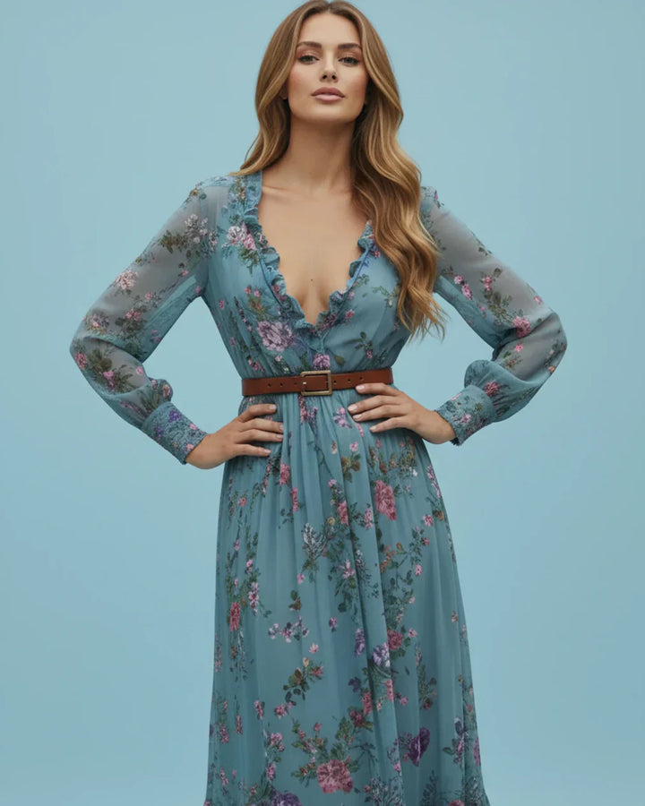 Wilhelmina | Floral Embroidered Shirt Collar Boho Dress with Tie Belt
