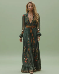 Wilhelmina | Floral Embroidered Shirt Collar Boho Dress with Tie Belt