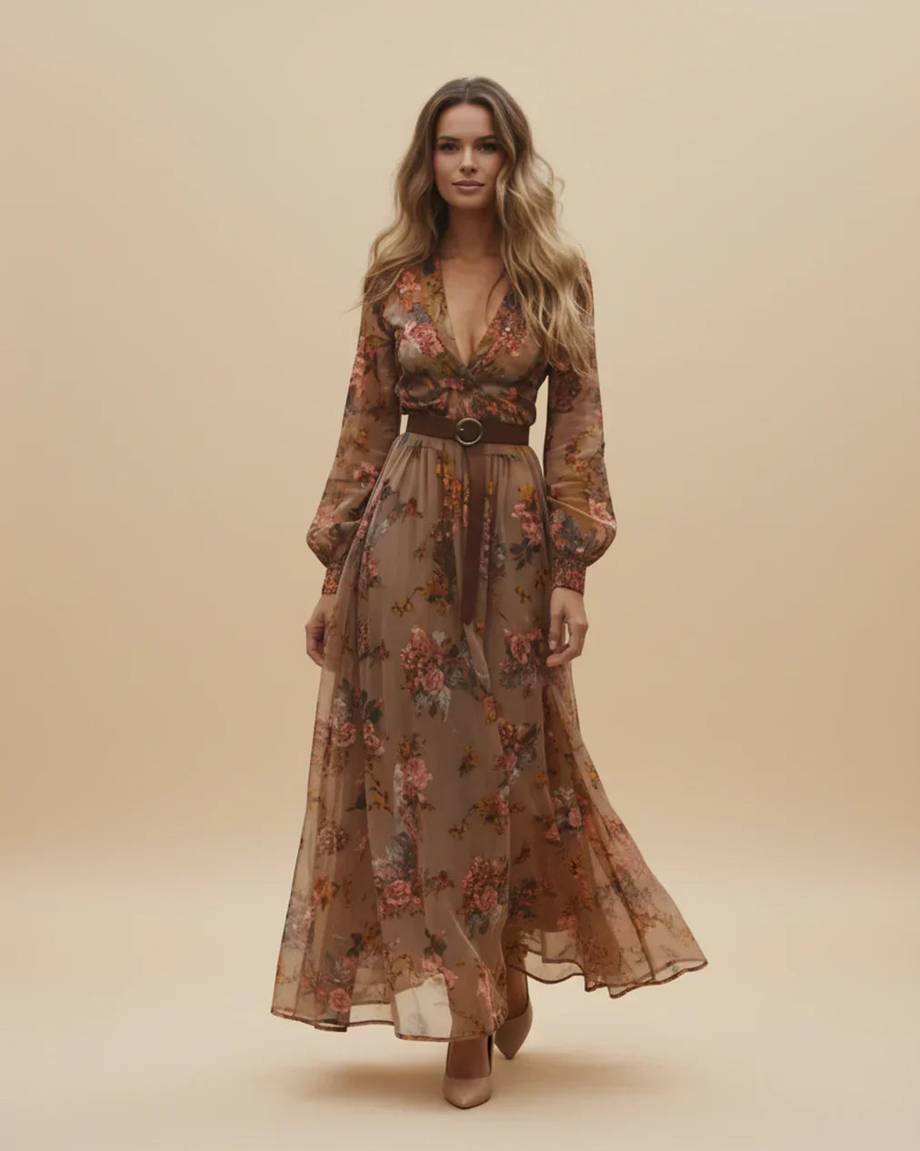 Wilhelmina | Floral Embroidered Shirt Collar Boho Dress with Tie Belt