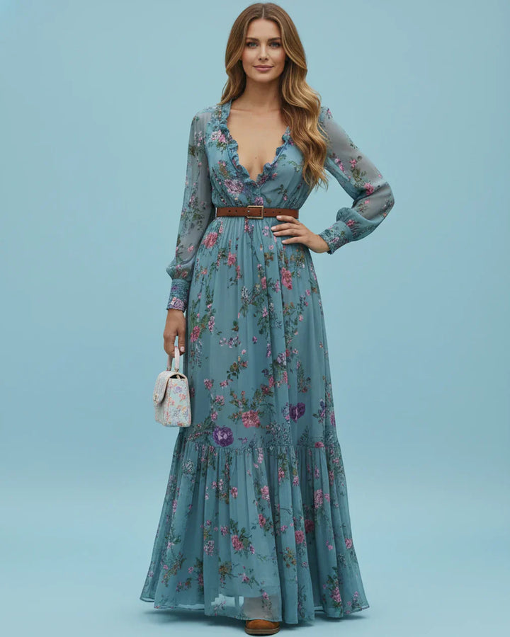 Wilhelmina | Floral Embroidered Shirt Collar Boho Dress with Tie Belt
