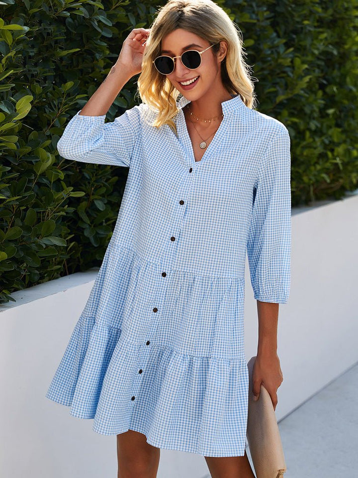 Positano | Gingham Button-Front Tiered Ruffle Summer Dress