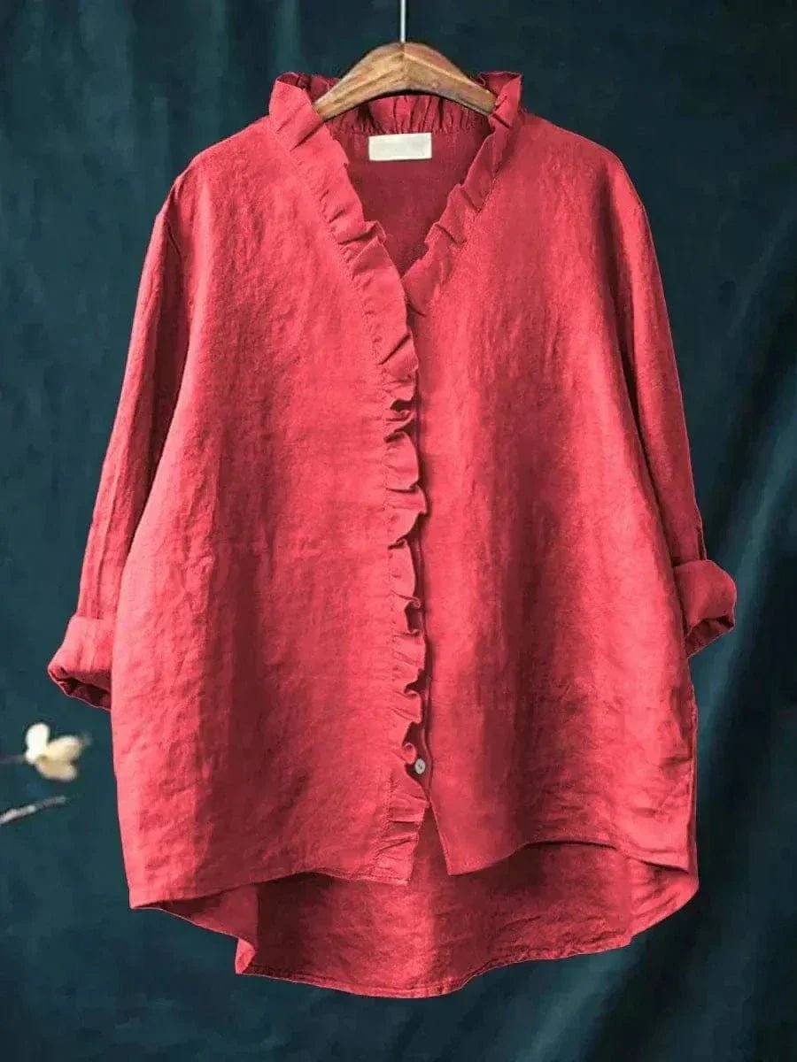 Margaux | Ruffle Trim Button-Down Linen Blouse