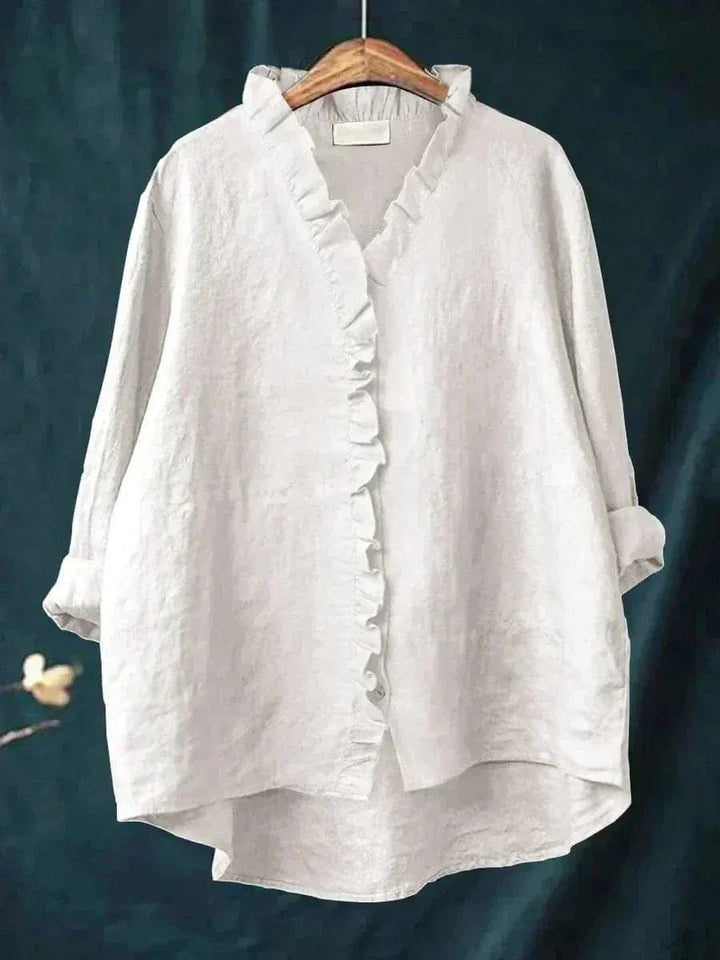 Margaux | Ruffle Trim Button-Down Linen Blouse