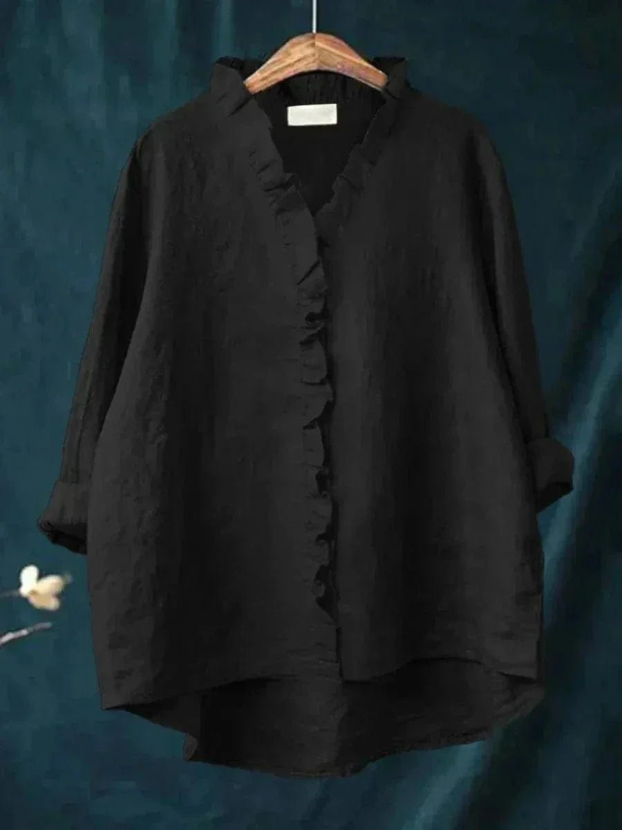 Margaux | Ruffle Trim Button-Down Linen Blouse