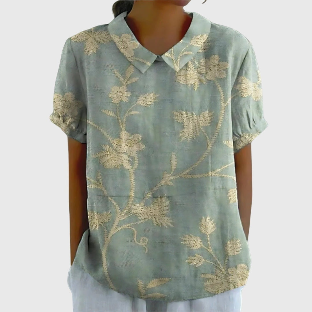 Odette | Floral Print Short Sleeve Linen Blouse