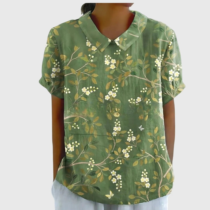 Odette | Floral Print Short Sleeve Linen Blouse