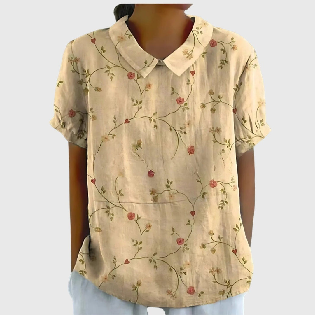 Odette | Floral Print Short Sleeve Linen Blouse