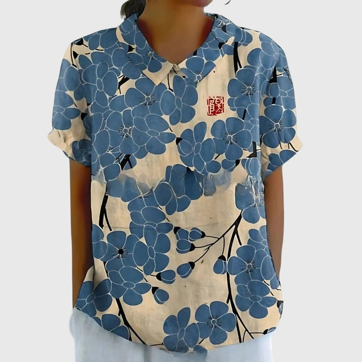 Odette | Floral Print Short Sleeve Linen Blouse