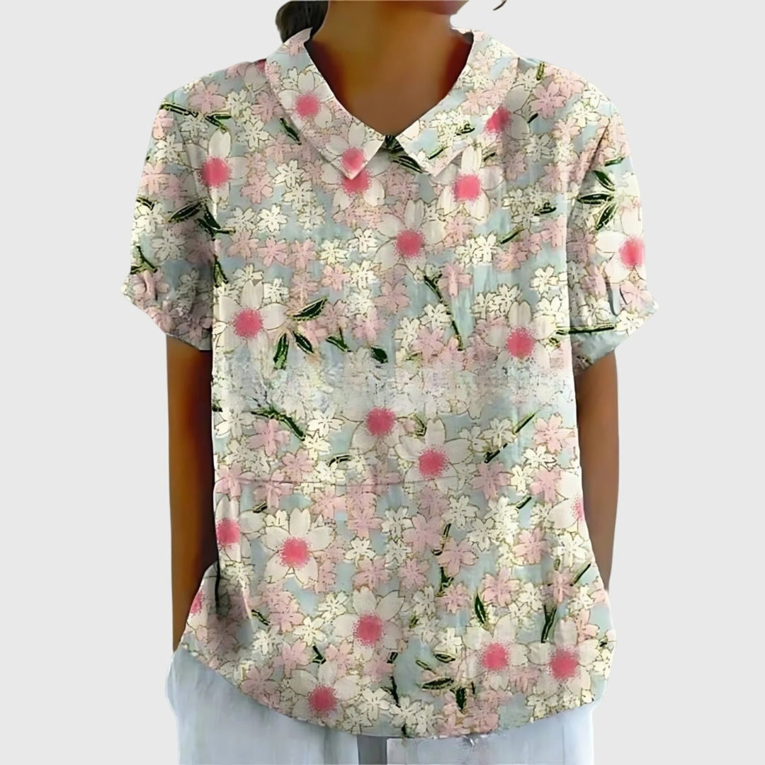 Odette | Floral Print Short Sleeve Linen Blouse