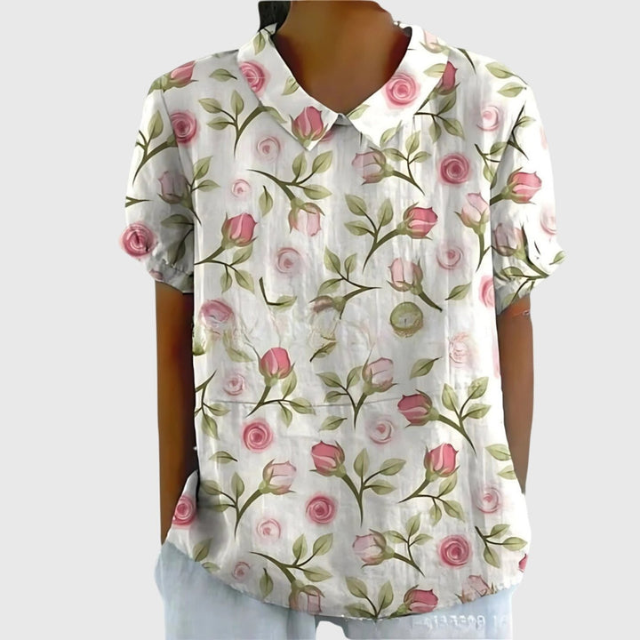 Odette | Floral Print Short Sleeve Linen Blouse