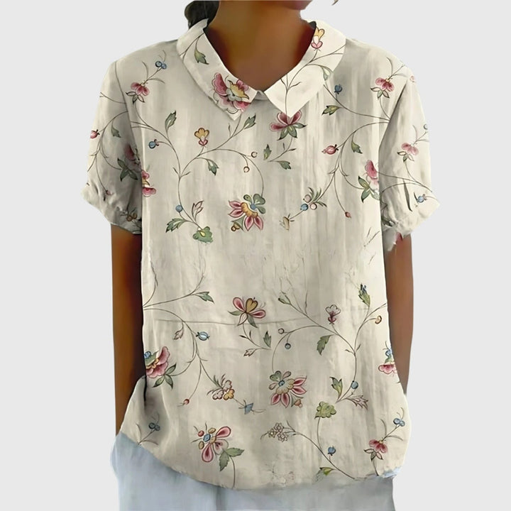 Odette | Floral Print Short Sleeve Linen Blouse
