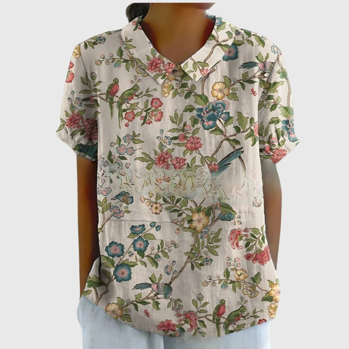 Odette | Floral Print Short Sleeve Linen Blouse