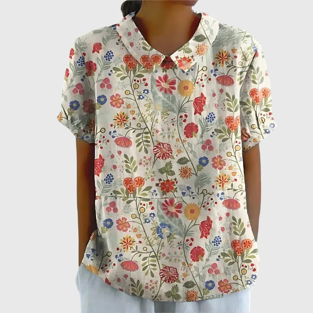 Odette | Floral Print Short Sleeve Linen Blouse