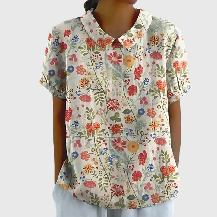 Odette | Floral Print Short Sleeve Linen Blouse