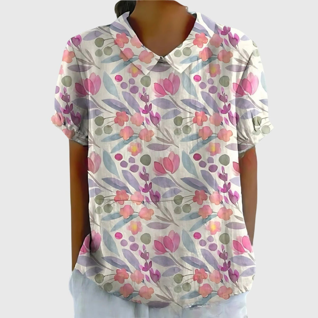 Odette | Floral Print Short Sleeve Linen Blouse