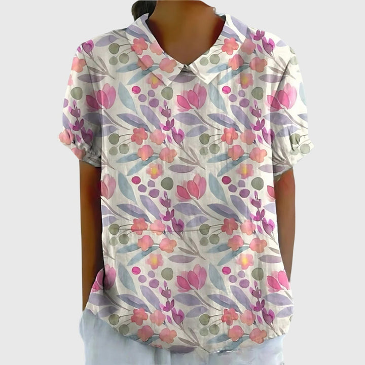 Odette | Floral Print Short Sleeve Linen Blouse