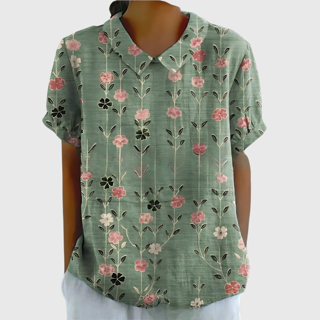 Odette | Floral Print Short Sleeve Linen Blouse
