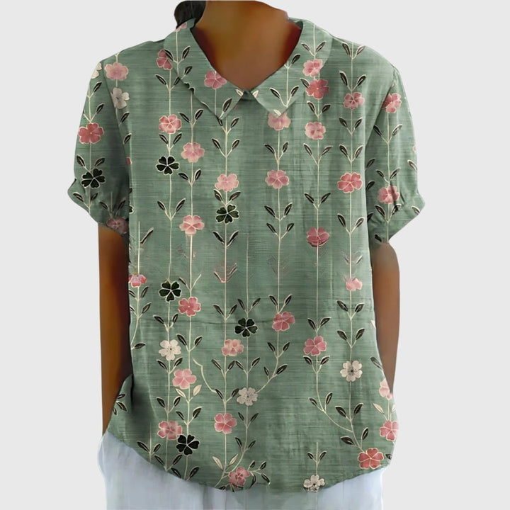 Odette | Floral Print Short Sleeve Linen Blouse