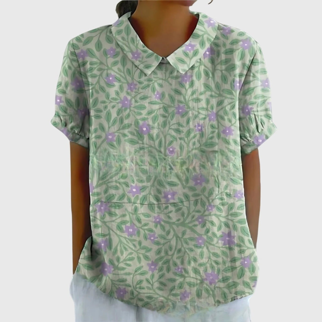 Odette | Floral Print Short Sleeve Linen Blouse