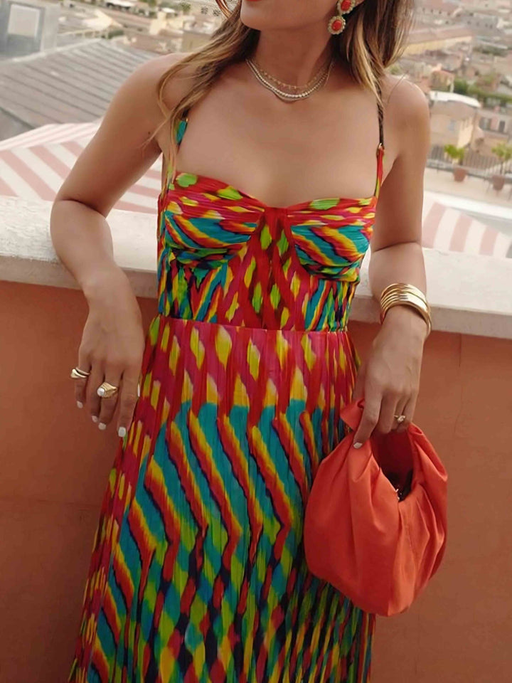 Roma | Printed Bustier Pleated Maxi Summer Dress