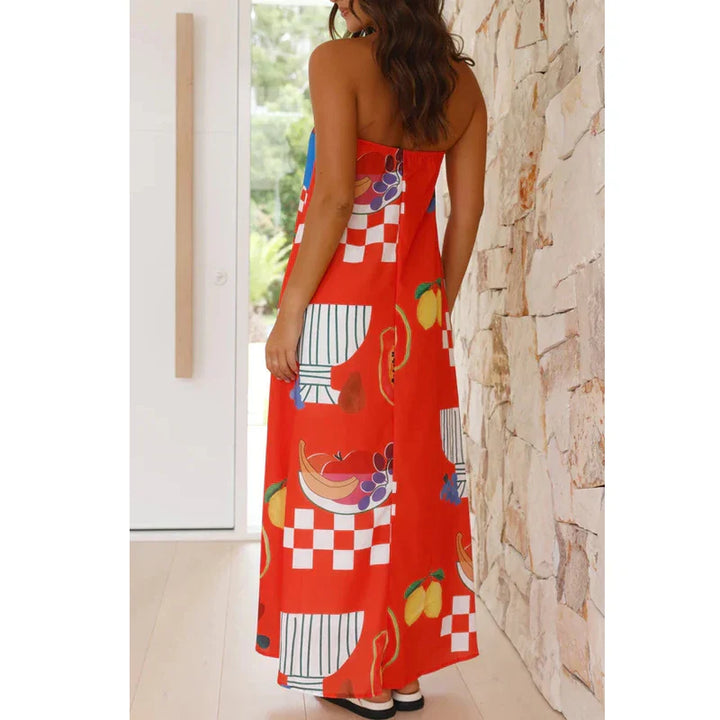 Frida | Fruit Print Strapless Boho Dress with Checkerboard Detail