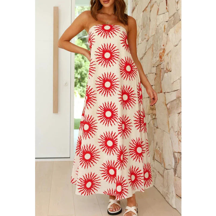 Frida | Fruit Print Strapless Boho Dress with Checkerboard Detail