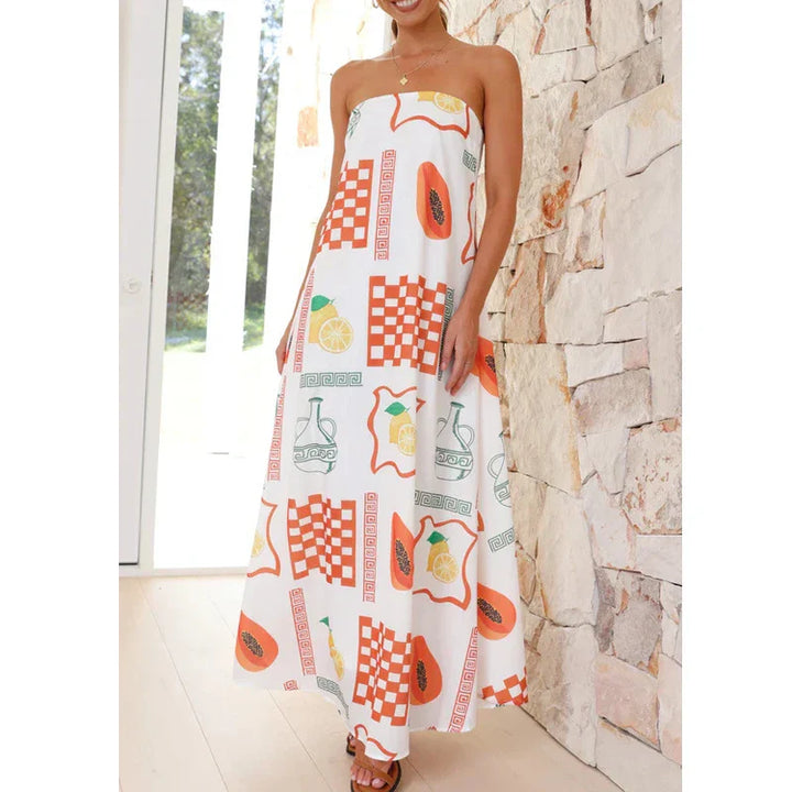 Frida | Fruit Print Strapless Boho Dress with Checkerboard Detail