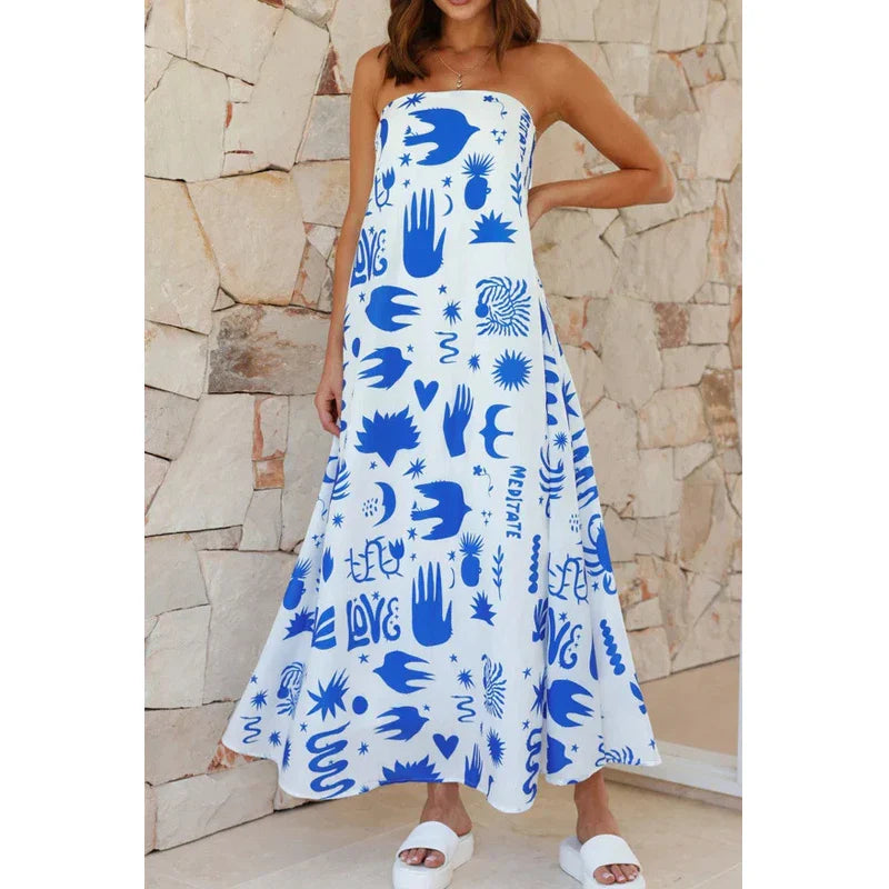 Frida | Fruit Print Strapless Boho Dress with Checkerboard Detail
