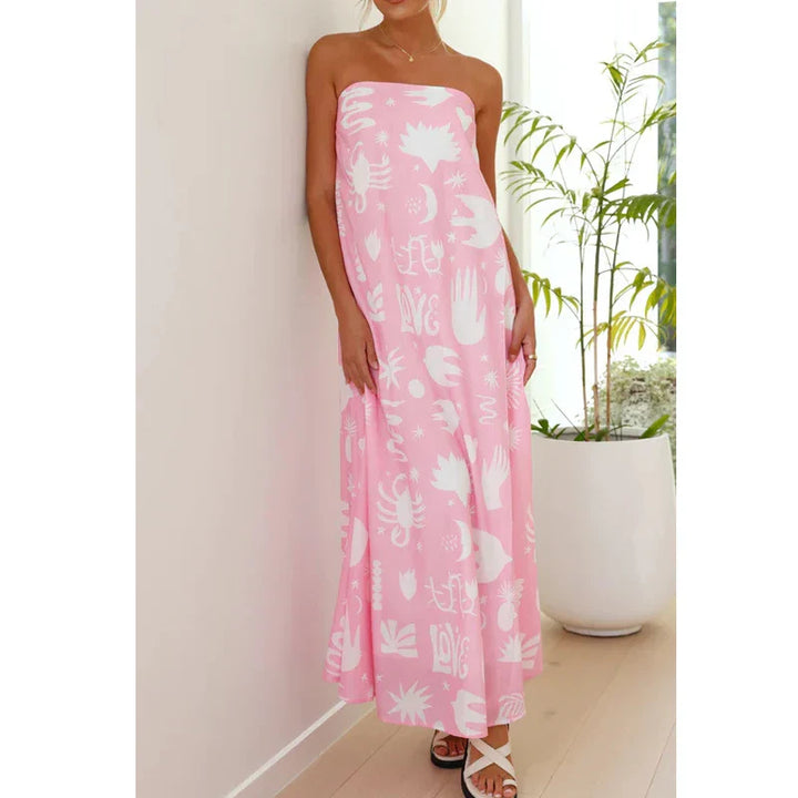 Frida | Fruit Print Strapless Boho Dress with Checkerboard Detail