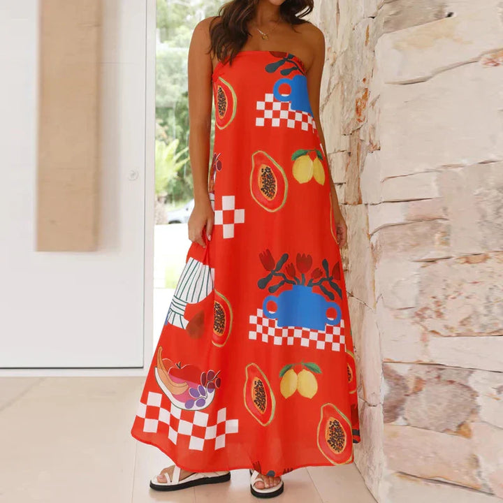 Frida | Fruit Print Strapless Boho Dress with Checkerboard Detail