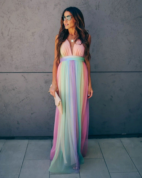 Sorento | Deep V-Neck Rainbow Tulle Maxi Summer Dress