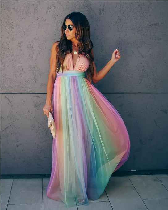 Sorento | Deep V-Neck Rainbow Tulle Maxi Summer Dress