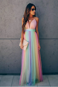 Bellamy | Women's Plunge Neck Rainbow Maxi Dress with Pleated Skirt Detail