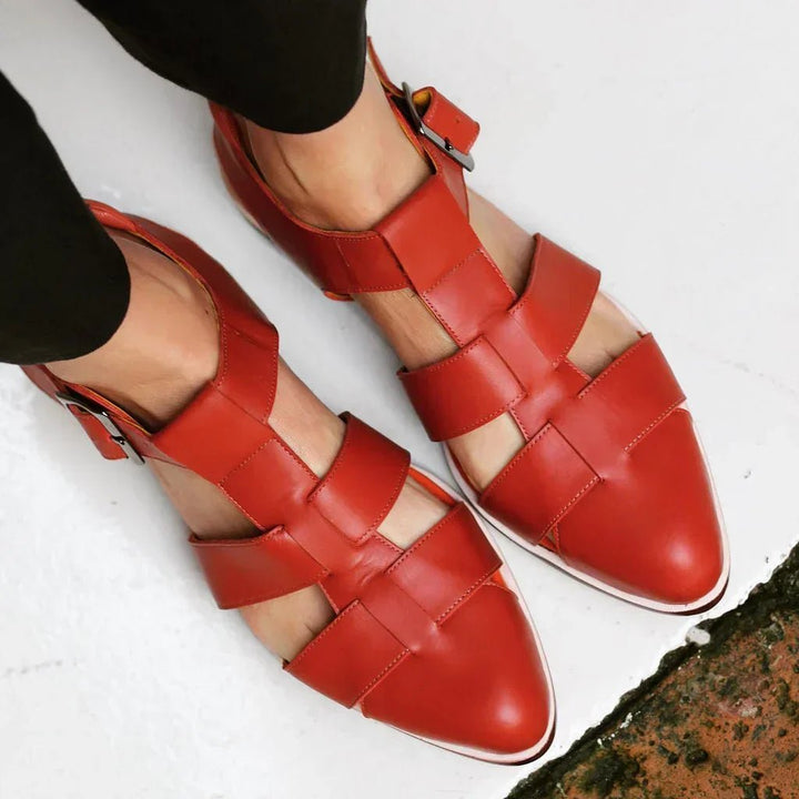 Petra | Woven Cage Buckle Strap Orthopedic Flats in Leather