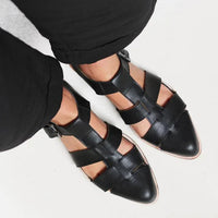 Petra | Woven Cage Buckle Strap Orthopedic Flats in Leather