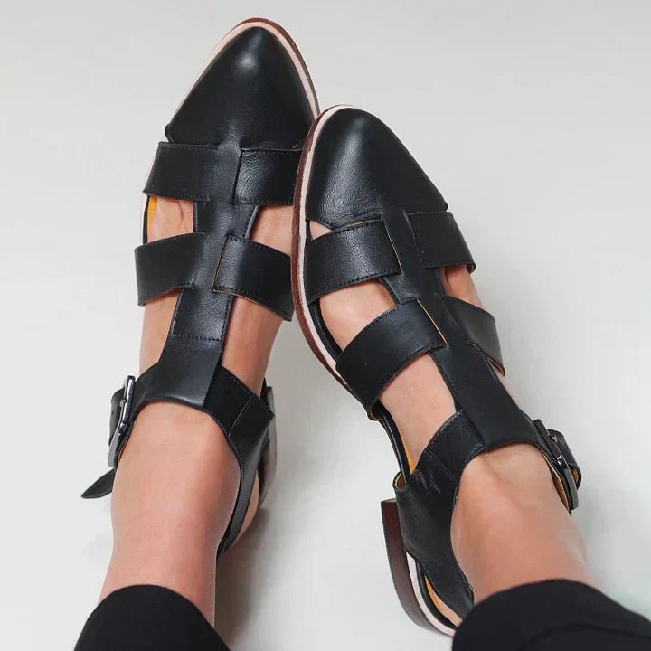 Petra | Woven Cage Buckle Strap Orthopedic Flats in Leather