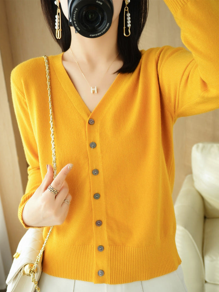 Genevieve | Women's V-Neck Button-Front Cardigan – Fitted Long Sleeve Design